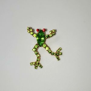 Frog Pin Gold With Green and Red Rhinestones